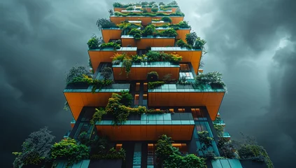Foto op Canvas a tall building with plants on the sides © ion