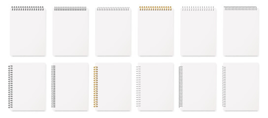 Blank pages of notebook or diary, isolated set of notepads with spiral binder. Vector realistic stationery for school, office or university. Taking notes, sketchbook or worksheet, empty organizer
