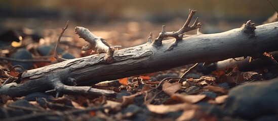 A macro photography shot capturing the intricacies of a tree branch resting on the soil, blending...