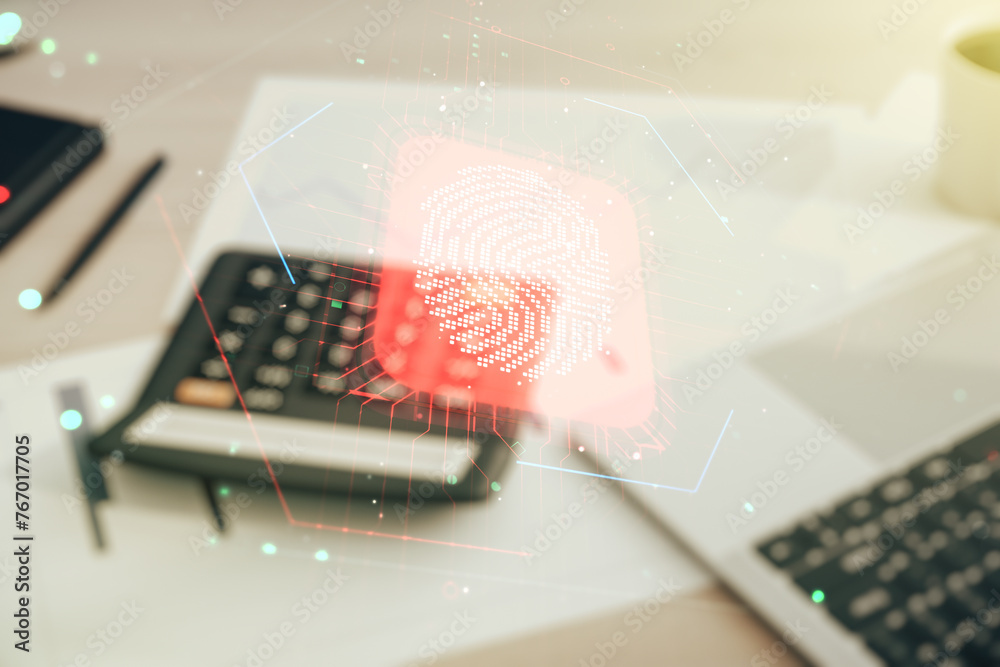 Poster multi exposure of virtual creative fingerprint hologram on blurry calculator with laptop background,