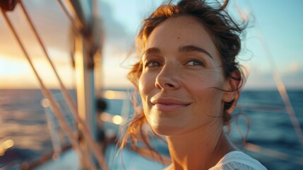Serene woman enjoying a sunset sail on the ocean, leisure concept