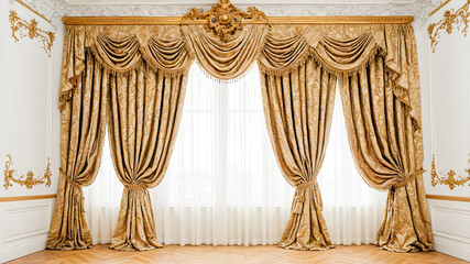 Beautiful luxury golden curtains in the room. Luxury interior design