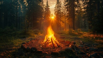 Campfire Burning in Forest Clearing - obrazy, fototapety, plakaty
