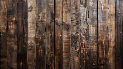 Rustic wooden fence with a dark brown stain. The fence is made of vertical planks that are attached to horizontal supports.
