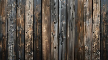The image is a close-up of a wooden fence. The wood is a dark brown color and has a rough texture. - obrazy, fototapety, plakaty