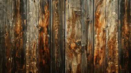 The image is a close-up of a wooden fence. The wood is old and weathered, with a rich, dark brown color.