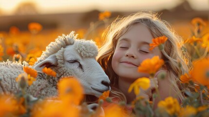 a girl with her eyes closed and a sheep in a field of flowers