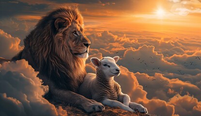 a lion and lamb looking at each other