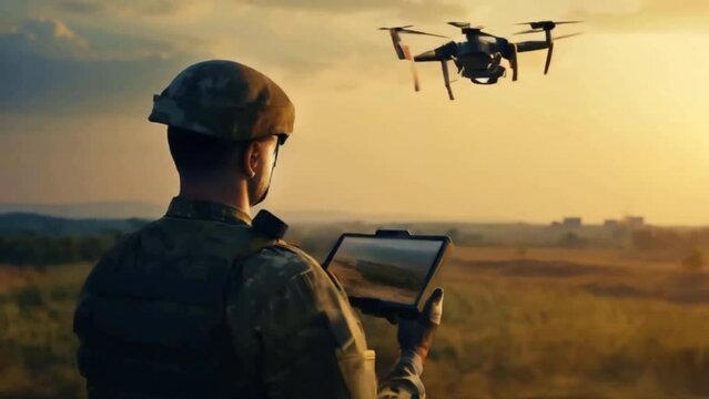 Soldier remotely controls drone flying for enemy surveillance, security forces attack with military copter. War conflict in air and special operation with quadcopter equipment