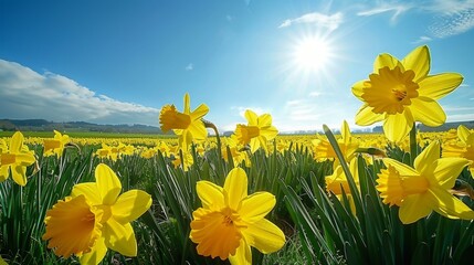 Field of Yellow Daffodils Under Cloudy Sky