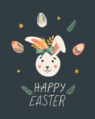 Spring card with Easter bunny, wreath flower decor, lettering. Cute vector illustration for advent, greeting card, banner, t shirt, print, decoration and more.