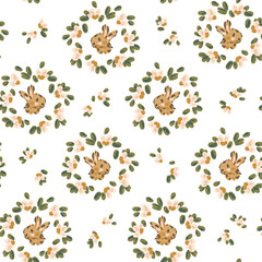 Flower framed bunnies capturing the spirit of Easter and spring with brown,pastel peach,green,off white. Great for homedecor,fabric,wallpaper,giftwrap,stationery,packaging design projects.