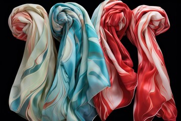 Peppermint twist patterned silk scarves.