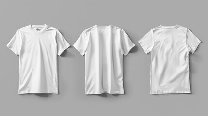 White T-shirts displayed as design templates, front and back, on grey backdrop.