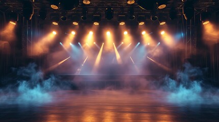 Fototapeta na wymiar Empty concert stage with illuminated spotlights and smoke