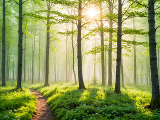 Morning in the forest with sunbeams passing through the trees.