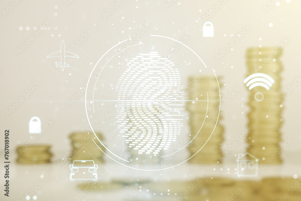 Fototapete Multi exposure of virtual fingerprint scan interface on growing coins stacks background, digital access concept