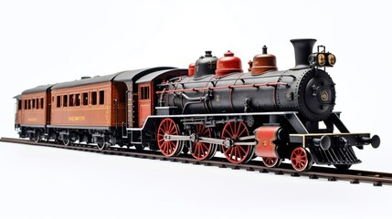 Obraz premium A old rusty train on tracks, rolling on a white background