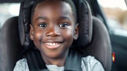 Cercles muraux Ancien avion boy 6 years smiling old sitting in car seats in the car, Black skin, frontal plane, Look at the camera