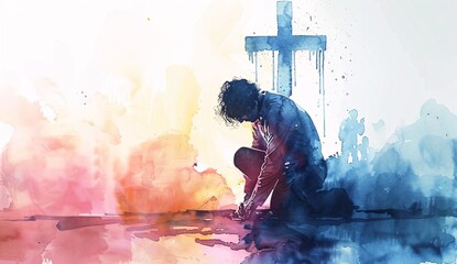 a watercolor of a man kneeling down - obrazy, fototapety, plakaty