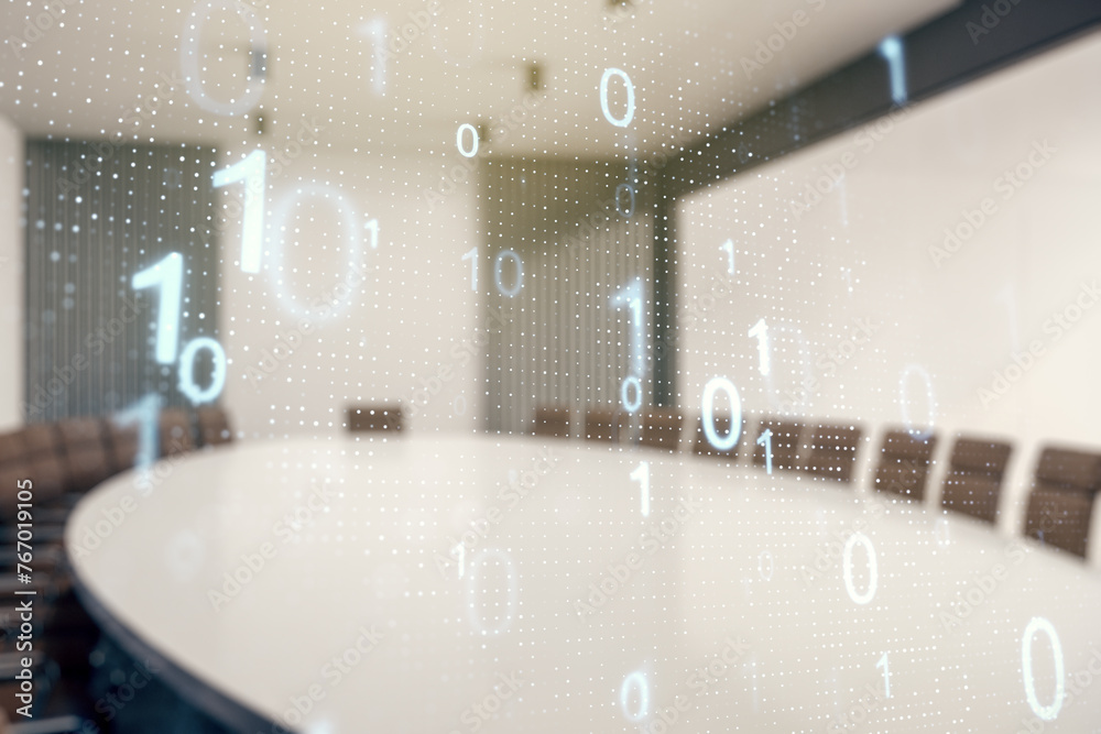 Aufkleber Abstract virtual binary code sketch on a modern boardroom background, hacking and matrix concept. Multiexposure