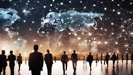International business partnership. Business people standing silhouette on world map background, Global business concept. Global business concept, generative ai.