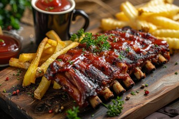grilled spare ribs on a wooden board, parsley, french fries, ketchup in a mug