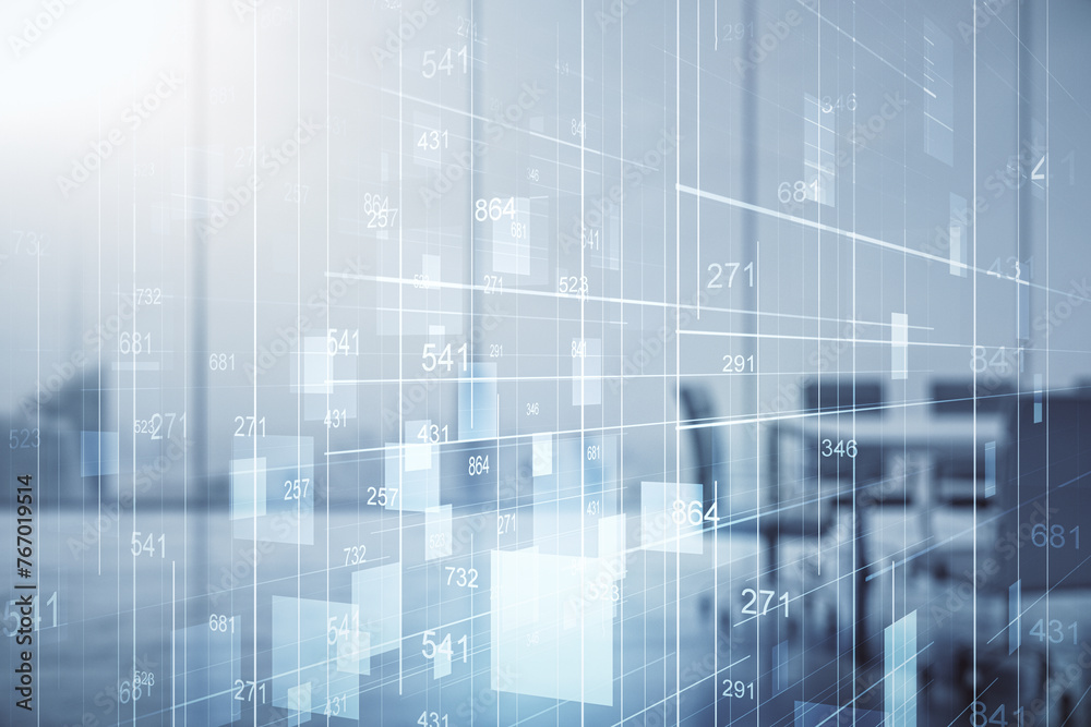 Poster Multi exposure of abstract statistics data hologram interface on a modern furnished office interior background, computing and analytics concept