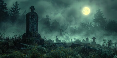 a graveyard with a moon in the background