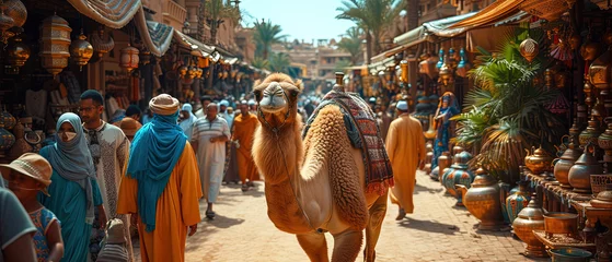  a walking down a street in a market with people and camels © Masum