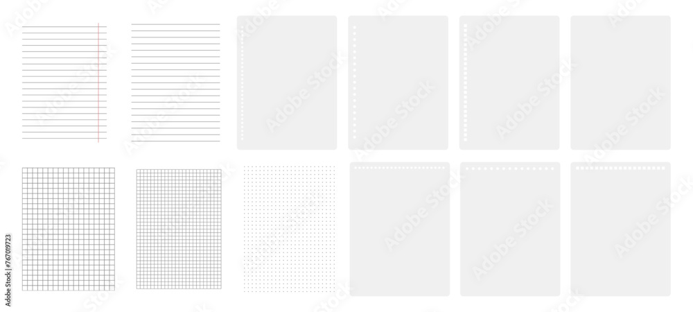 Aufkleber Diary or notebook blank pages with lines, grid and dots. Vector isolated sheets with binder holes on side or top. Notepad or memo organizer, mockup with copy space. Office and school supplies