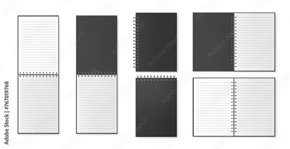 Poster diary or notebooks with open pages and covers. vector isolated realistic sketchbooks or pocketbooks,