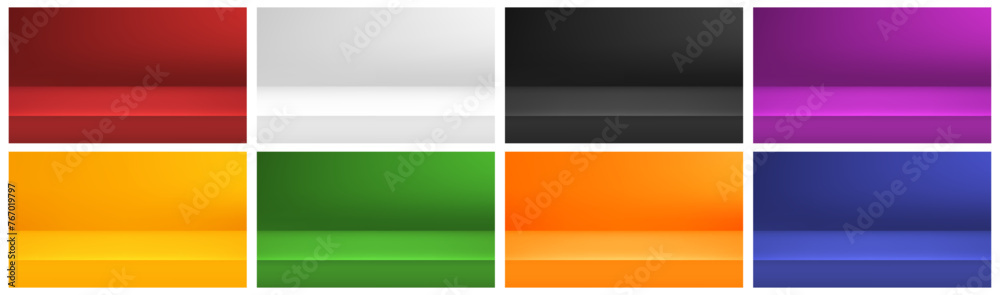 Poster Photo studio realistic backgrounds of different color. Vector modern simple empty places, table for exhibition or display of product or goods, advertising or presentation. Interior design
