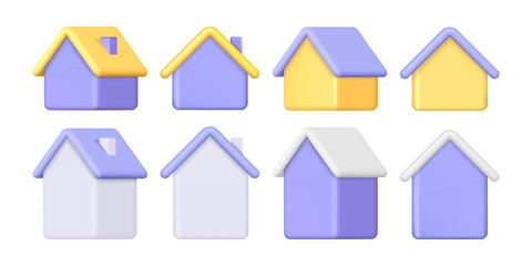 Blank homes with roofs and chimney, empty walls. Vector isolated set of houses, construction buildings in front and side view. Cottage or apartment for living, real estate or housing concept