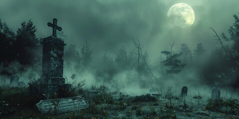 a graveyard with a moon in the sky - obrazy, fototapety, plakaty
