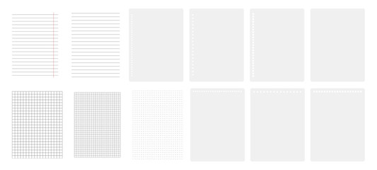 Diary or notebook blank pages with lines, grid and dots. Vector isolated sheets with binder holes on side or top. Notepad or memo organizer, mockup with copy space. Office and school supplies