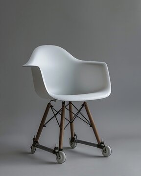 eames molded plastic chair with two wheelchair wheels on grey background