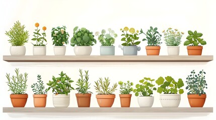 Flourishing Kitchen Garden with Diverse Herbs and Vegetables in Pots on Shelves