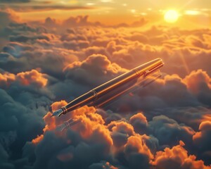Fountain Pen Soaring Above Clouds at Sunset
 - obrazy, fototapety, plakaty