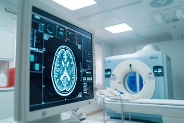 An AI-powered radiology system interpreting medical scans for precise diagnosis and treatment planning. Text: "Enhancing diagnostic accuracy with AI imaging