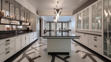 Art Deco masterpiece kitchen with geometric light fixtures terrazzo floors mirrored backsplash and streamlined cabinetry.