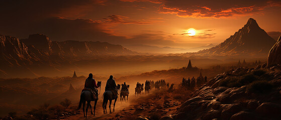 horses are walking on a trail in the mountains at sunset