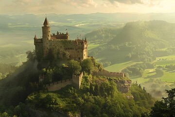 An ancient castle perched on a hill overlooking a lush valley, 8k, realistic, full ultra HD, high resolution, cinematic