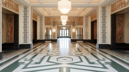 Art Deco palazzo with terrazzo floors marble walls symmetrical floor plan and ornate plasterwork.