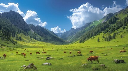 Naklejka premium Cattle Grazing on Lush Green Hillside