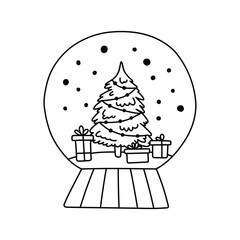Vector line illustration of Snow Globe. Hand-drawn glass winter balls with a Christmas-decorated tree. Isolated SVG for Cricut