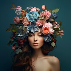 Female portrait with flowers in her head. Creative background with stylish woman