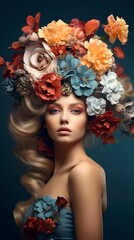 Female portrait with flowers in her head. Creative background with stylish woman