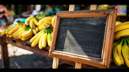 Counter on farmer's market with fresh organic banans, empty chalk board for inscription. Copy space. Generative AI