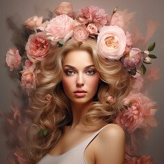 Obraz premium Female portrait with flowers in her head. Creative background with stylish woman